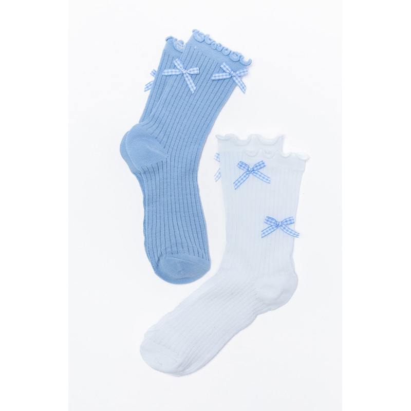 White and Blue Gingham Bow Sock Set