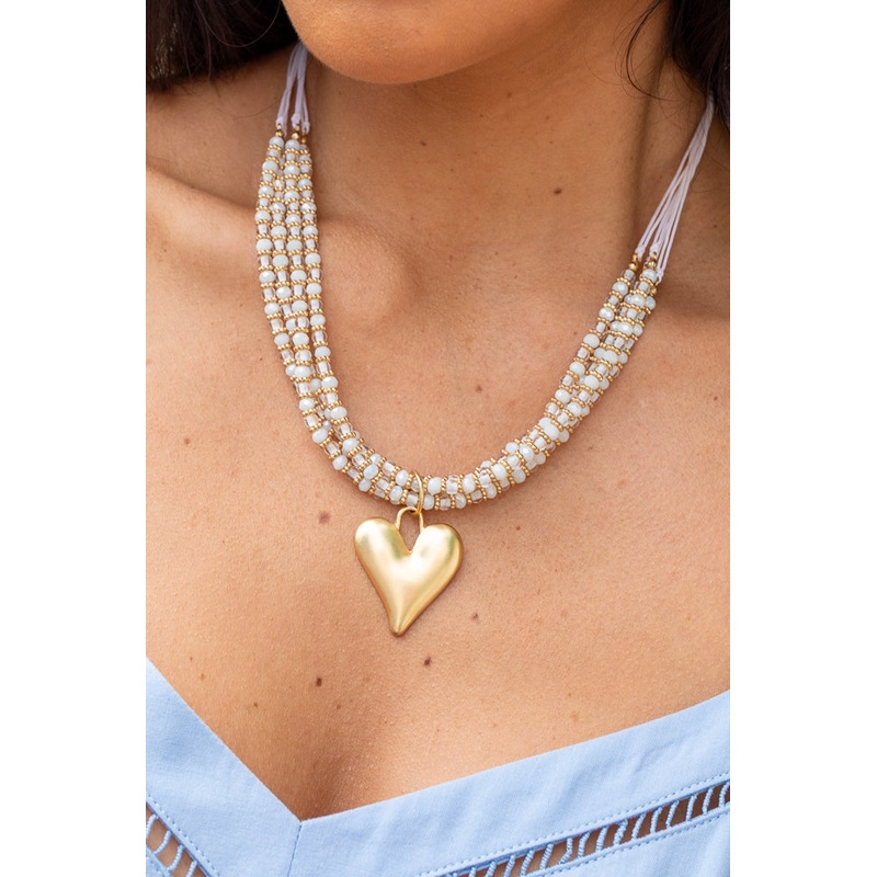 White Beaded Heart Necklace