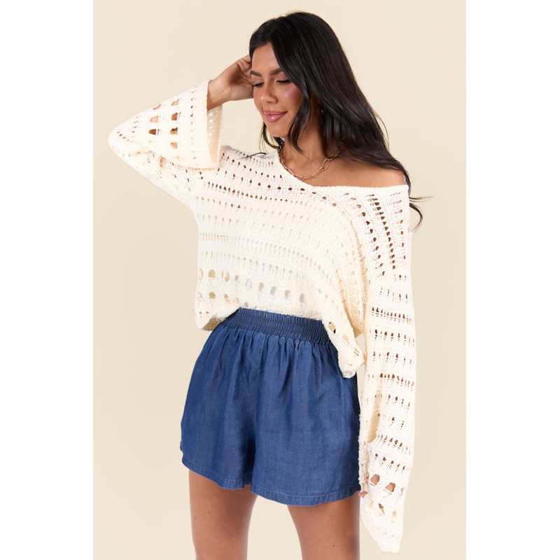 Chasing Daylight Cream Open Knit V-Neck Sweater