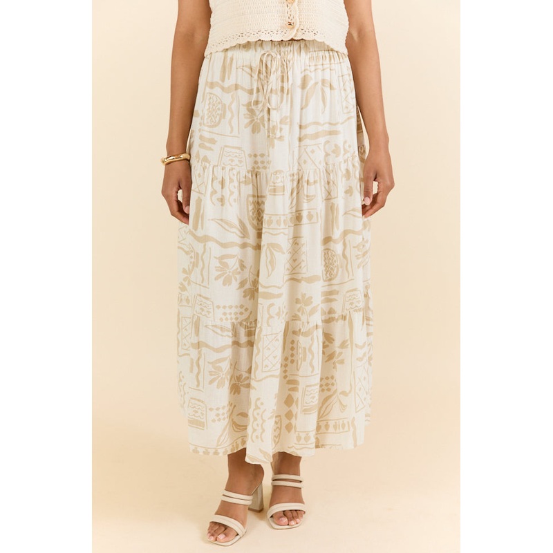 First Stop Ivory and Beige Icon Printed Midi Skirt