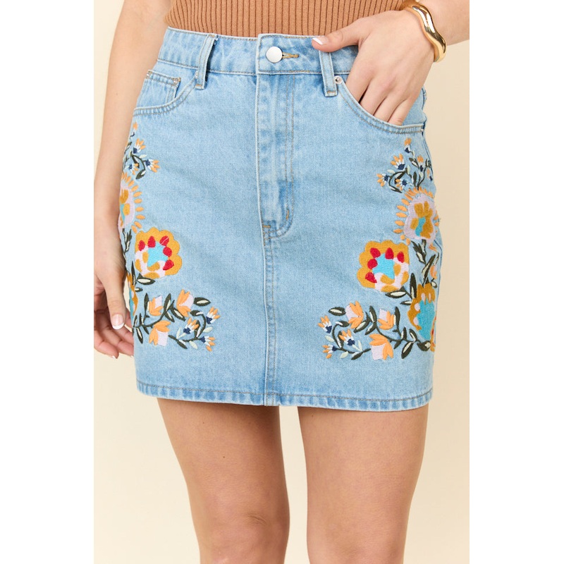 Garden Of Grace Floral Embroidered Denim Skirt