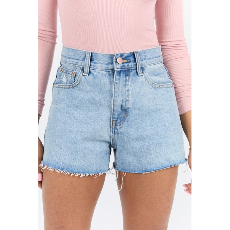 Give It A Go Light Wash Raw Hem Denim Shorts