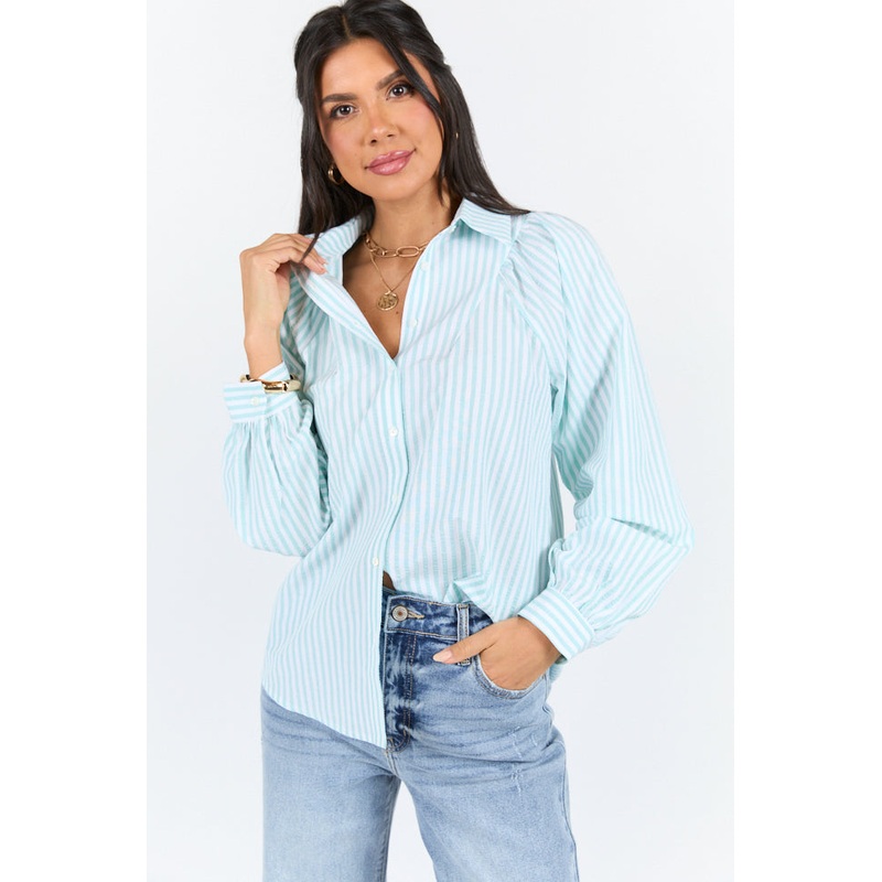 Here Lately Green Striped Button Down Top