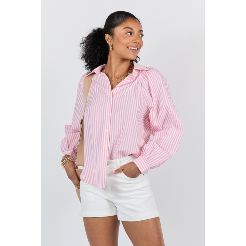 Here Lately Pink Striped Button Down Top