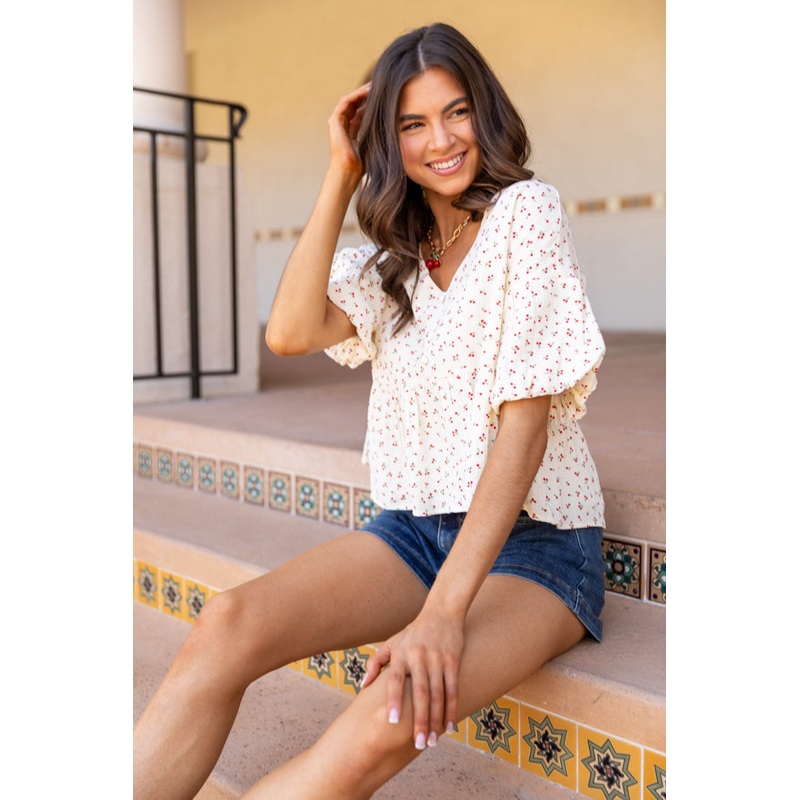 Ideal Days Gauze Cherry Print Peplum Top