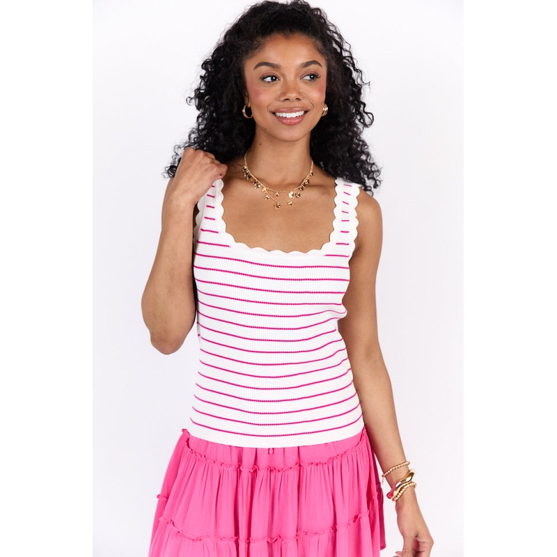 Kind Moment Pink and Ivory Scalloped Trim Striped Sweater Tank