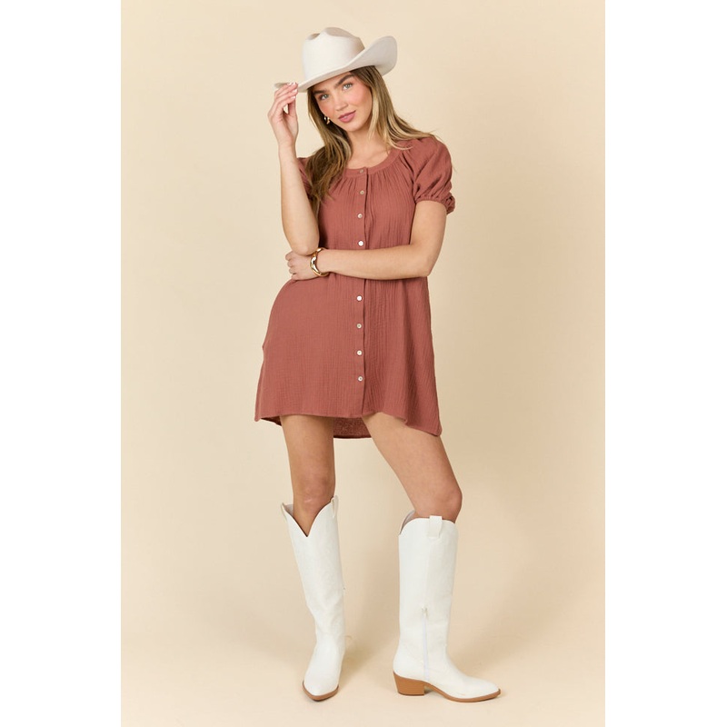 Life Of The Party Brown Gauze Short Sleeve Mini Dress