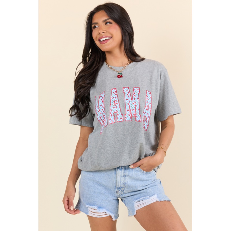 Mama Cherry Print Light Grey Graphic Tee