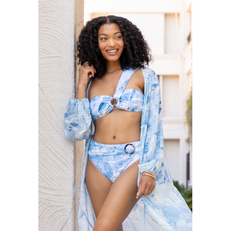 On The Water Blue Printed Asymmetrical Bandeau Bikini Top