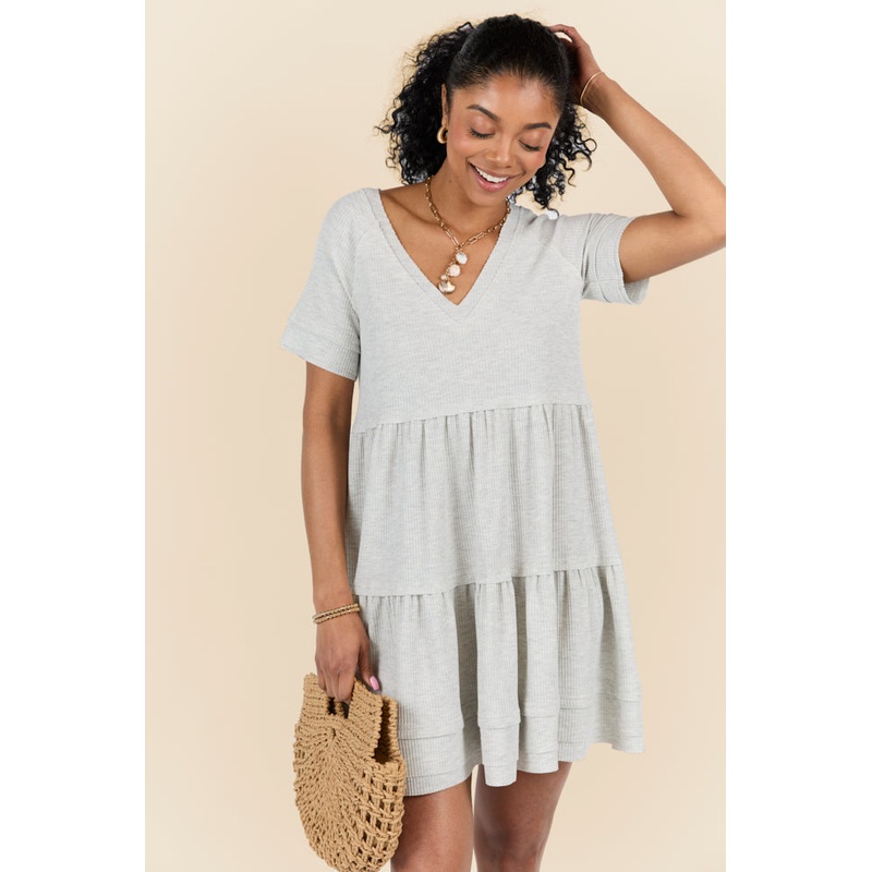 Planning Ahead Heather Grey Short Sleeve Waffle V-neck Dress