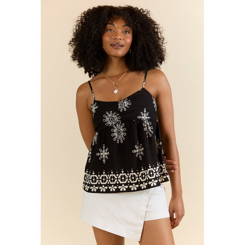 Rave With Me Black Border Print Woven Tank