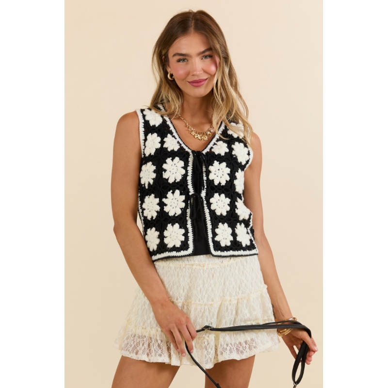 Rodeo Drive Black and Ivory Crochet Sweater Vest