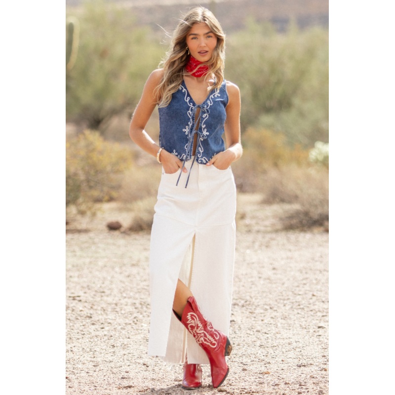 Soundwaves White Denim Midi Skirt