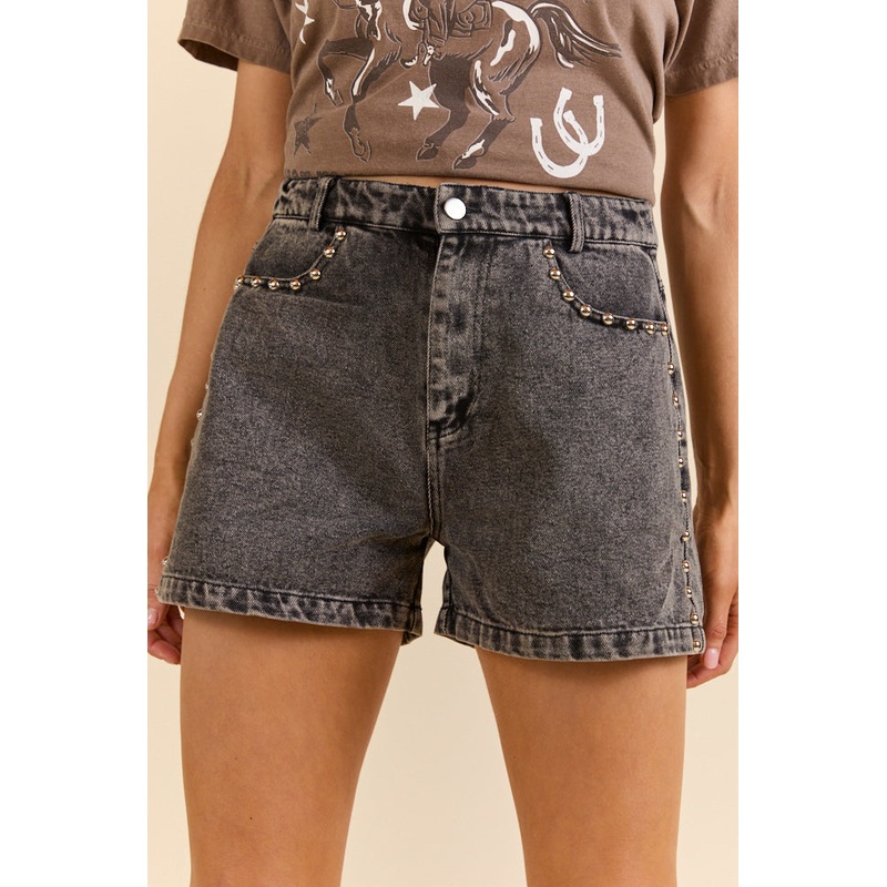 Studded Sound Black Denim Shorts
