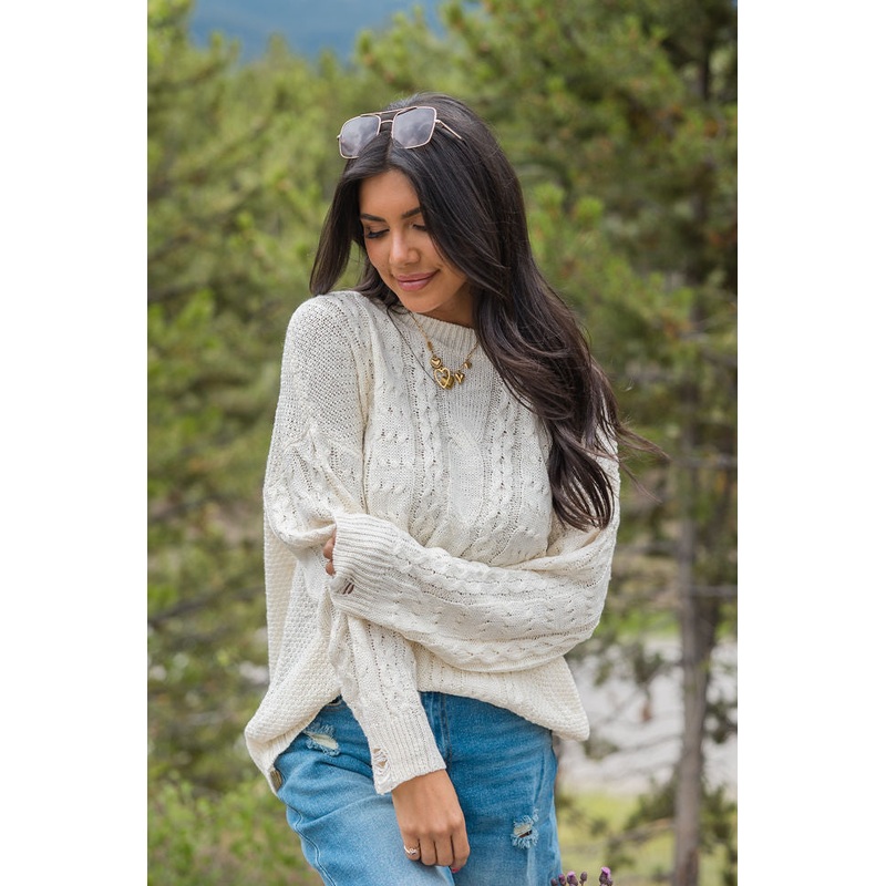 That’s The Spirit Ivory Cable Distressed Oversized Sweater