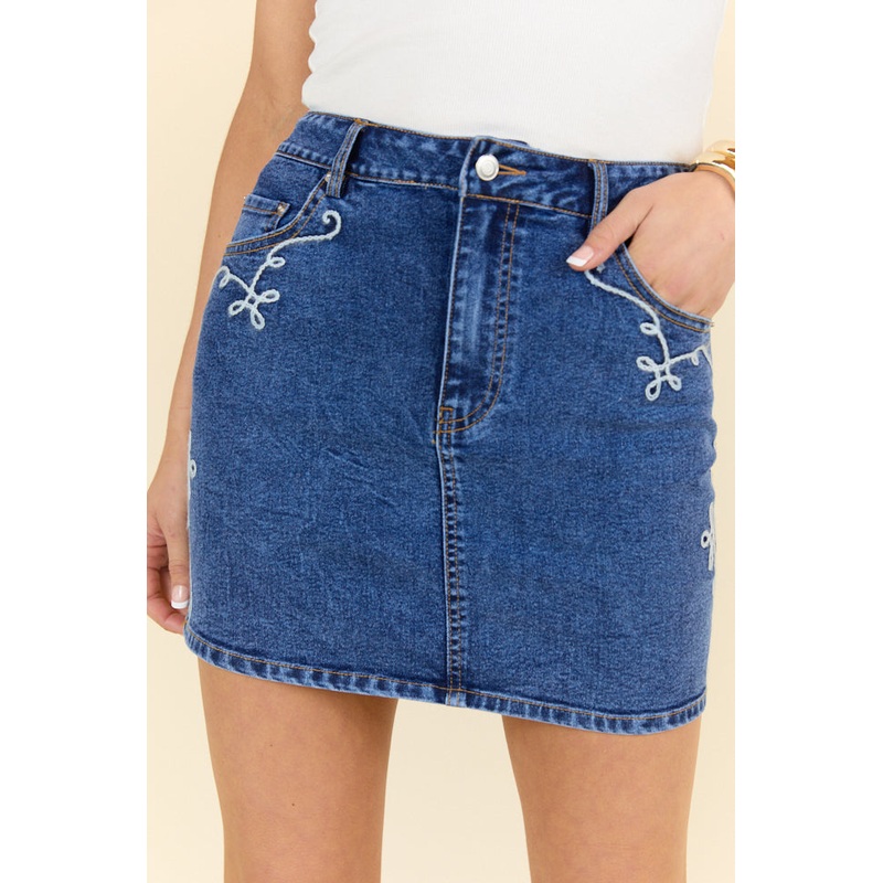 Treble Maker Embroidered Denim Skirt