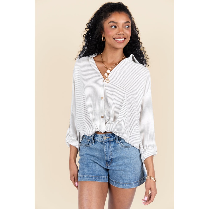 Twist Of Fate Black and White Stripe Button Down Top