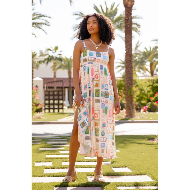 World Traveler Stamp Print Midi Dress