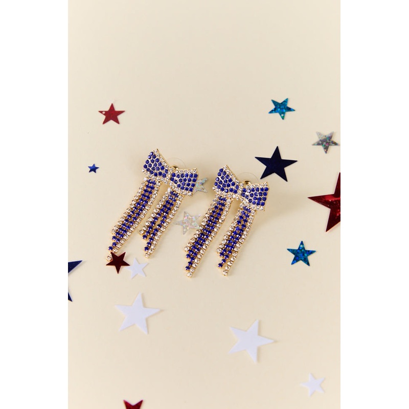 Blue Crystal Fringe Bow Earrings