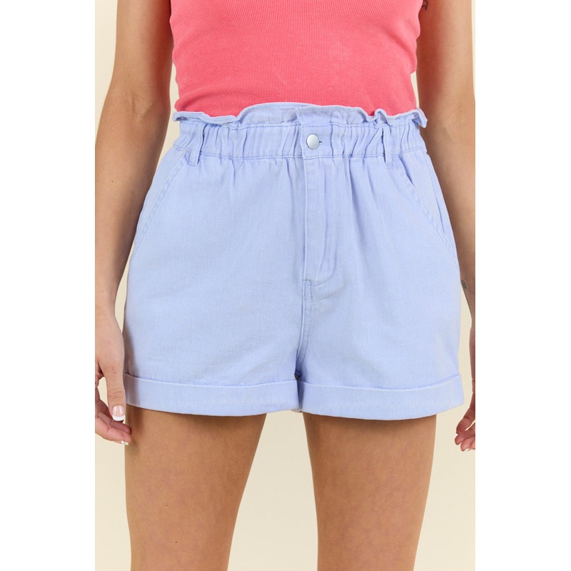 Chill Days Ice Blue Ruffle Waist Denim Shorts