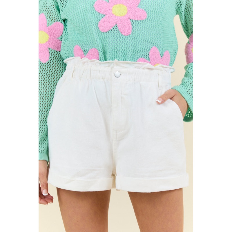 Chill Days Off White Ruffle Waist Denim Shorts