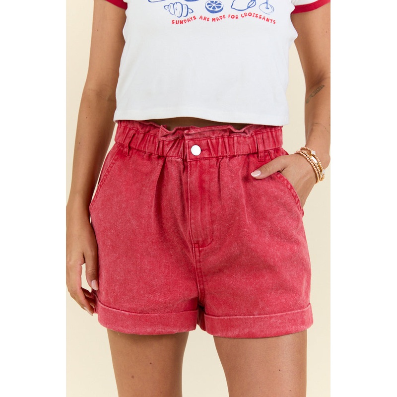 Chill Days Red Ruffle Waist Denim Shorts