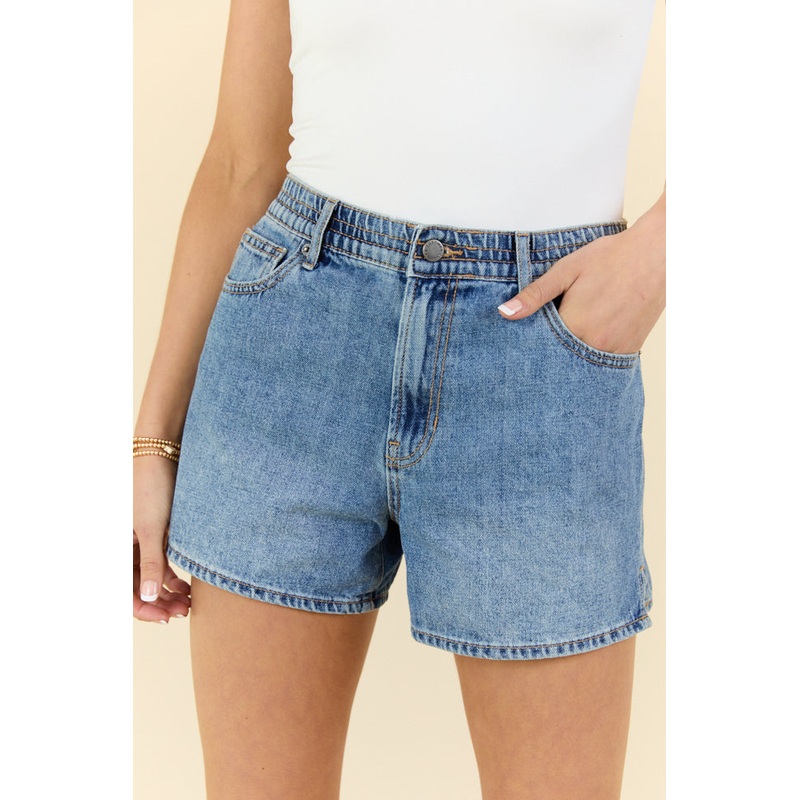 Debbie Medium Wash Elastic Waist Mom Shorts