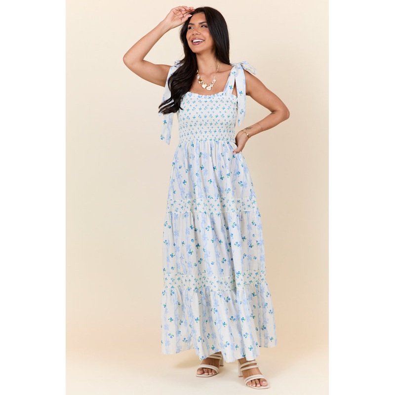 In The Meadows Ivory and Blue Smocked Print Midi Dress