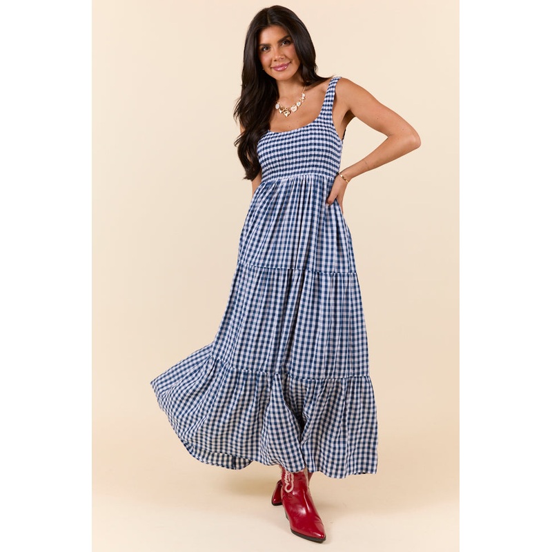 Sunday Check-In Navy Gingham Maxi Dress