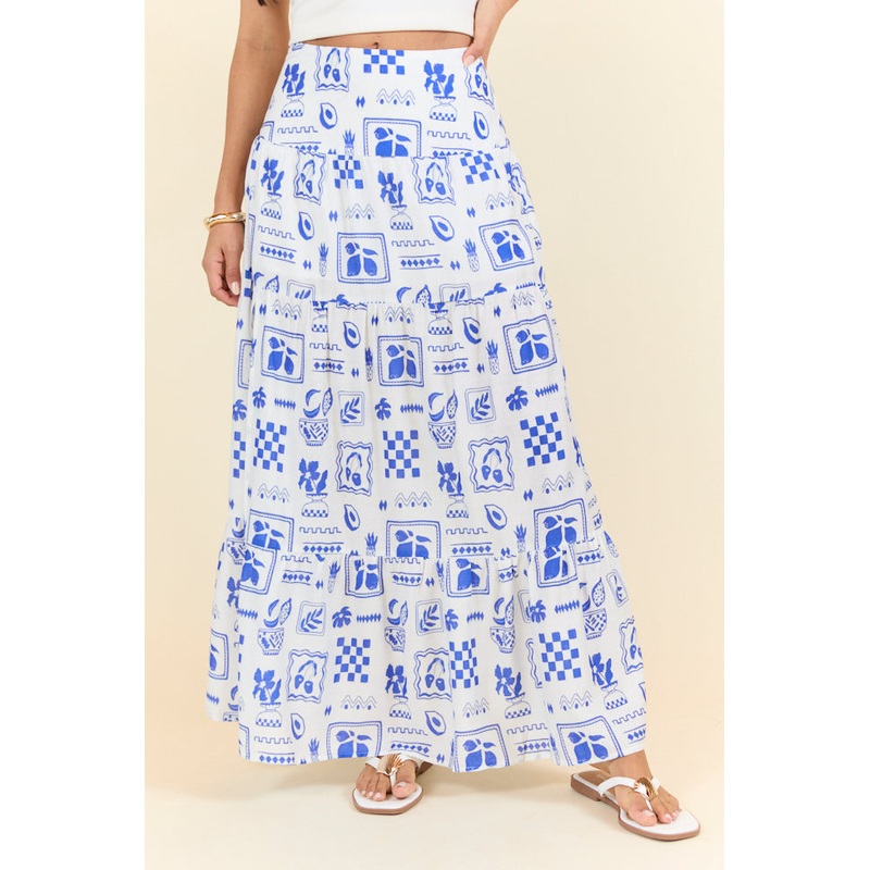Tuscan Sun Blue Icon Floral Maxi Skirt