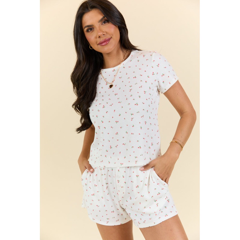 What A Dream Red Ditsy Floral Pajama Short Sleeve Top