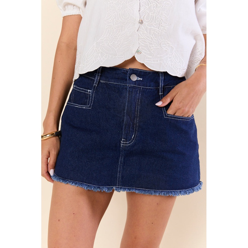 Chase The Sun Denim Frayed Hem Skort