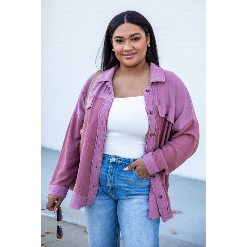 Control Your Future Berry Waffle Knit And Gauze Shacket FINAL SALE