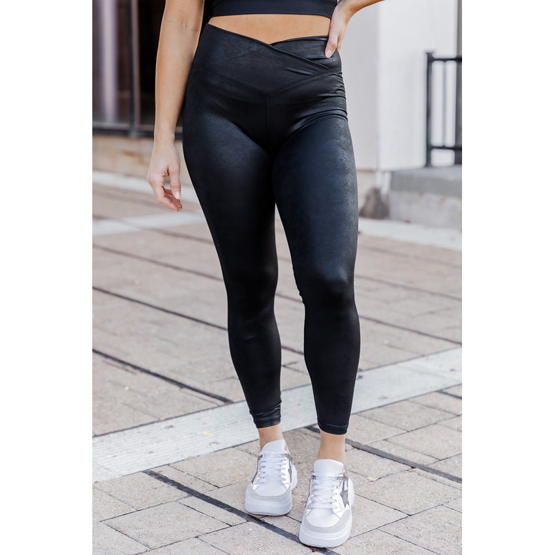 Fire And Desire Black Faux Leather Cross Waist Band Leggings FINAL SALE