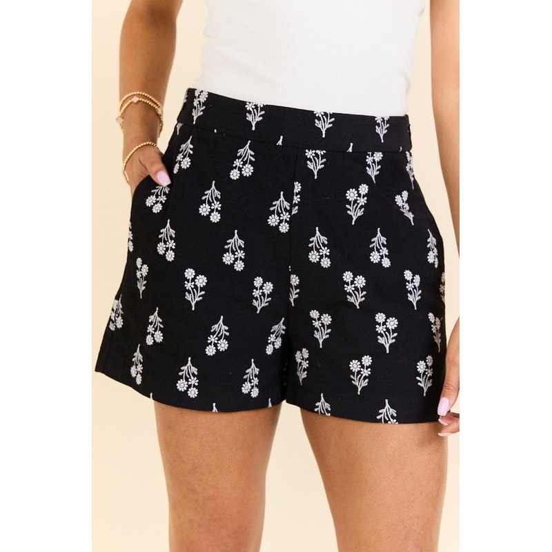 Iconic Black and White Floral Embroidered Shorts