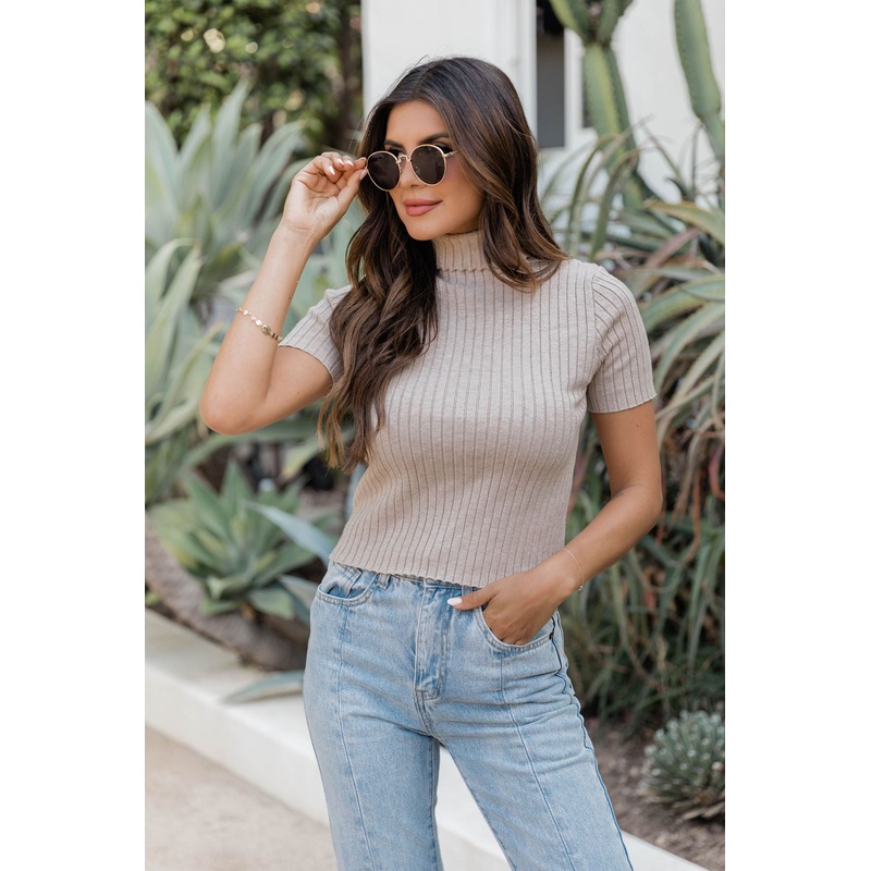 Last Direction Taupe Mock Neck Ribbed Short Sleeve Blouse FINAL SALE