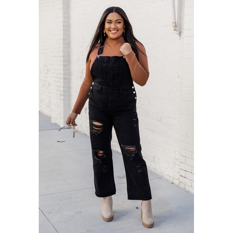 Light Up Your Life Black Distressed Straight Leg Overalls  FINAL SALE