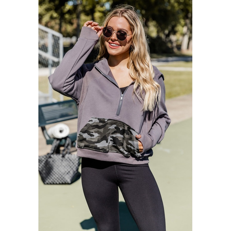 Making It Look Easy Camo Ribbed Shoulder Quarter Zip Pullover FINAL SALE