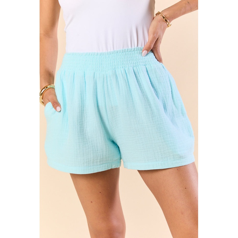 Pier Plans Blue Flare Smocked Shorts