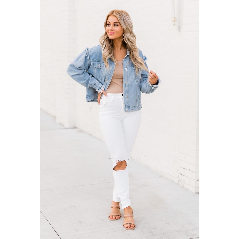 Turn A New Leaf Light Wash Frayed Detail Denim Jacket FINAL SALE