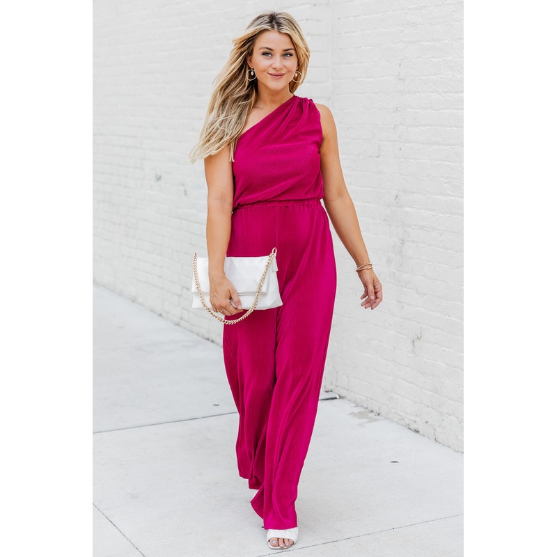 Believe Me Berry One Shoulder Plisse Jumpsuit FINAL SALE