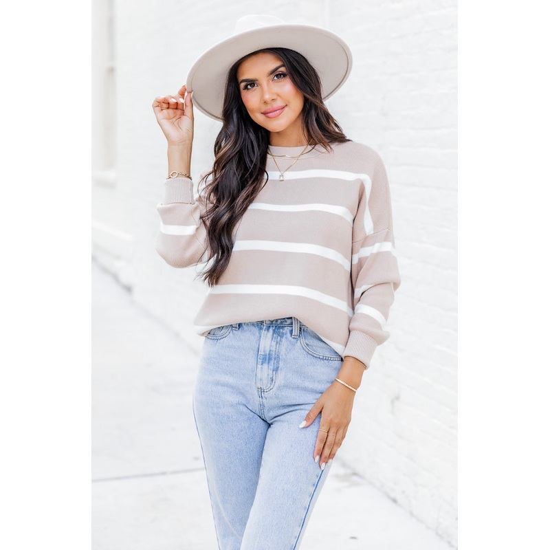 Crushing On You Tan Striped Crew Neck Sweater FINAL SALE