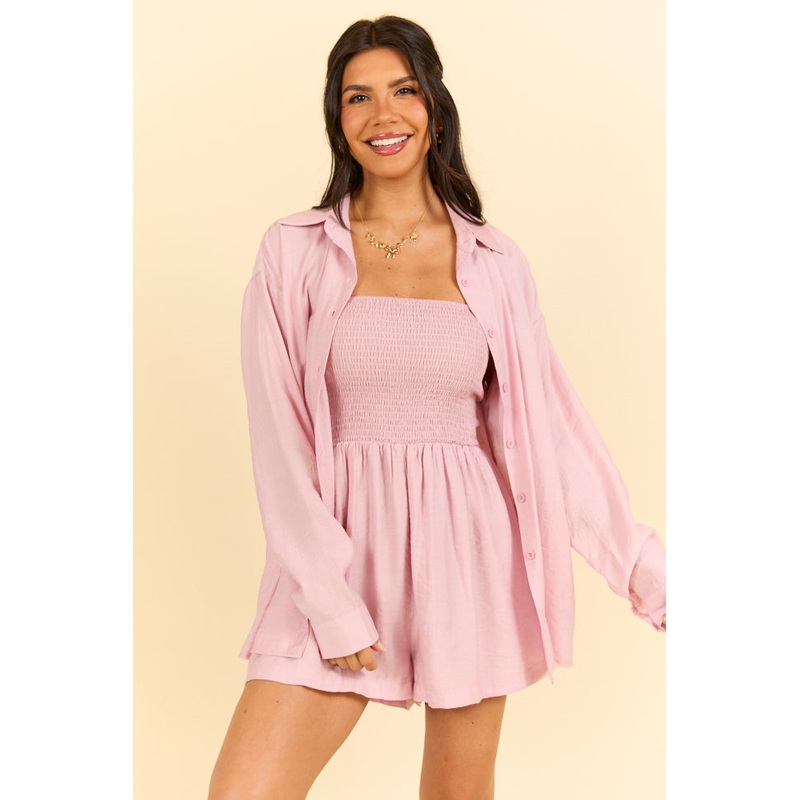 Dreamy Escape Pink Romper and Button Down Set