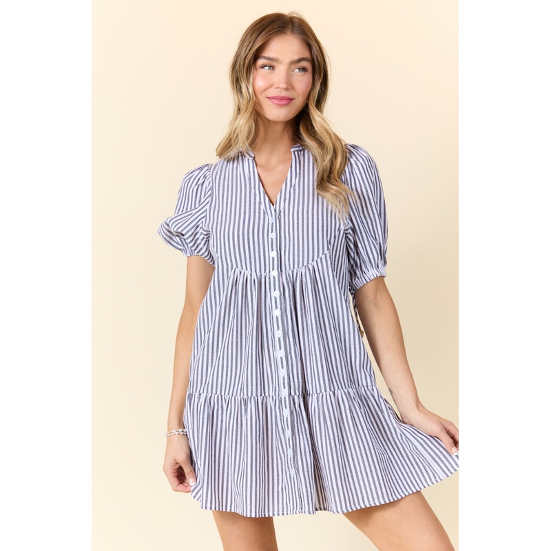 Faith In You Grey Striped Collared Mini Dress