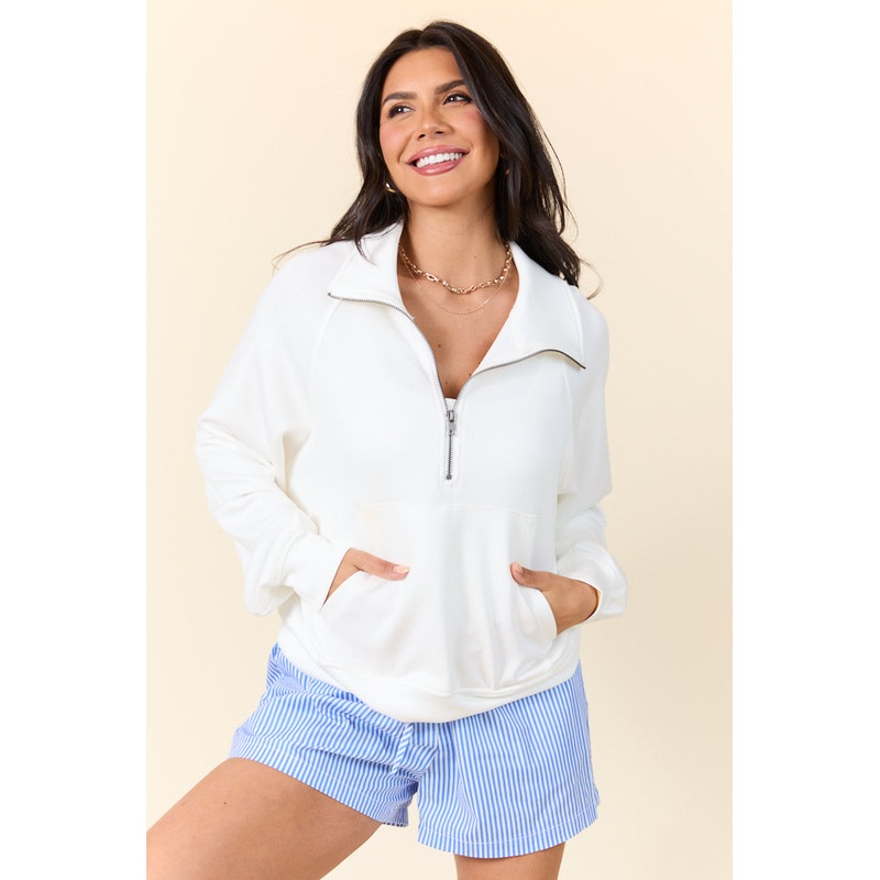 Going Pro White Half Zip Pocket Sweatshirt