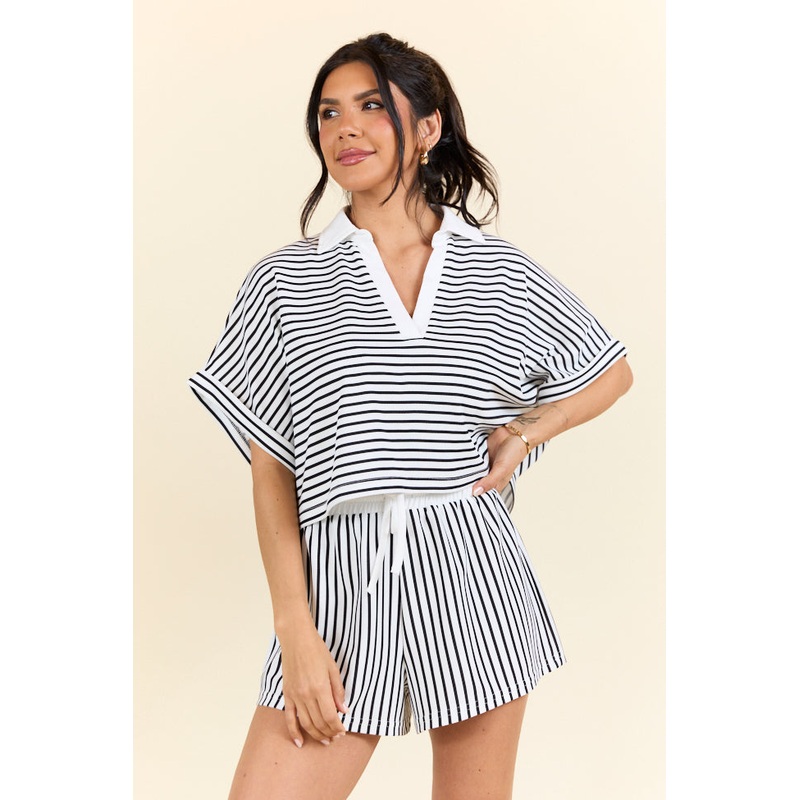 Move With Purpose White And Black Knit Striped Cropped Shirt
