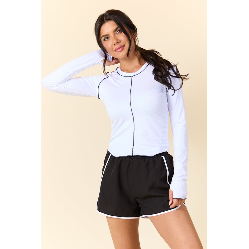 Over Under White Ruched Seamline Active Long Sleeve Top