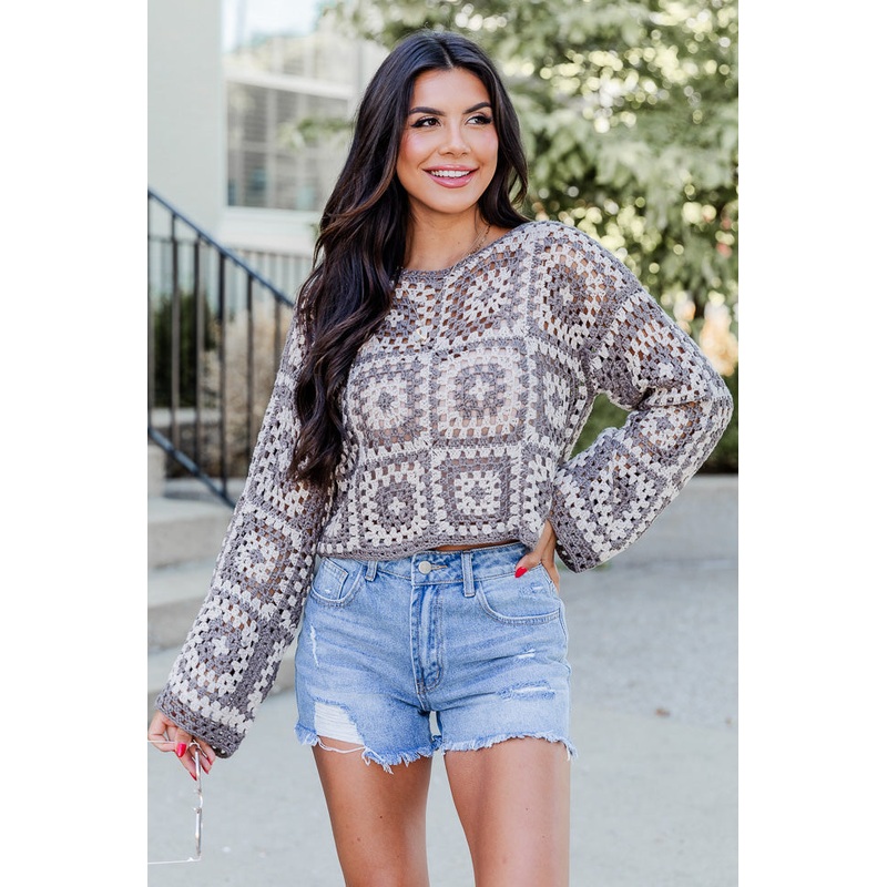 See You Go Taupe And Grey Crochet Sweater FINAL SALE