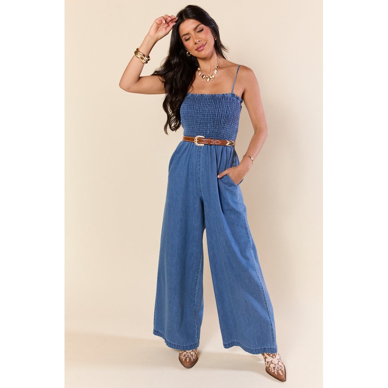 Showstopper Denim Smocked Jumpsuit