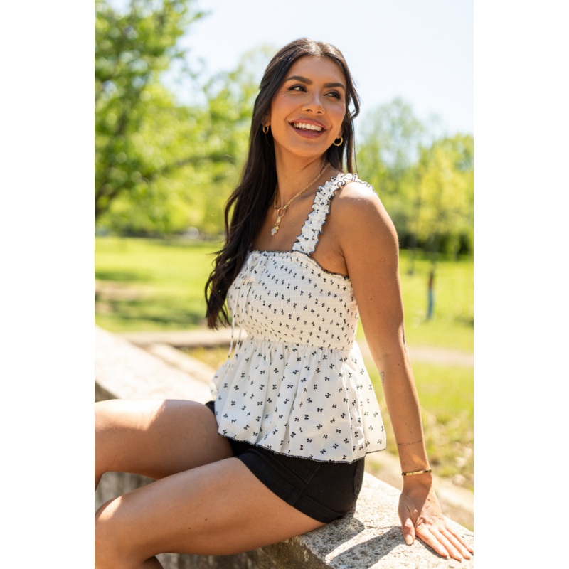 Tied Up In Style Cream and Black Smocked Bow Tank Top